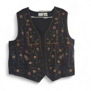 Bobbie Brooks Vest Vintage Embroidered XL 16/18 Floral Black Mustard Yellow
